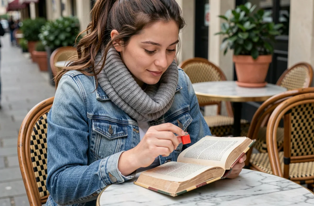 Jeune femme tenant un briquet jetable rouge dans un café parisien en terrasse avec livre et veste en jean
