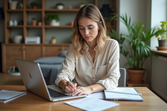 Femme organisée gérant ses finances à la maison