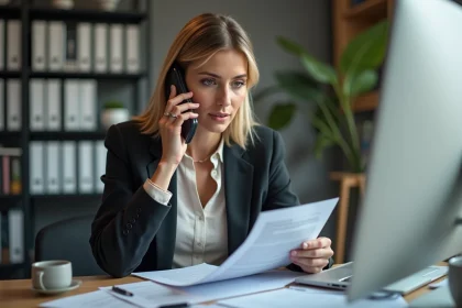 Femme en blazer au bureau en pleine concentration