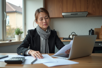 Femme d'âge moyen en blazer dans une cuisine moderne