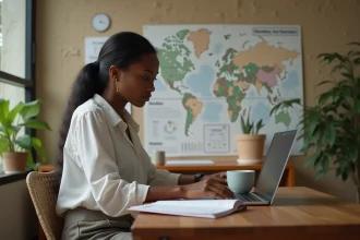 Femme malgache au bureau vérifiant calendrier et planner