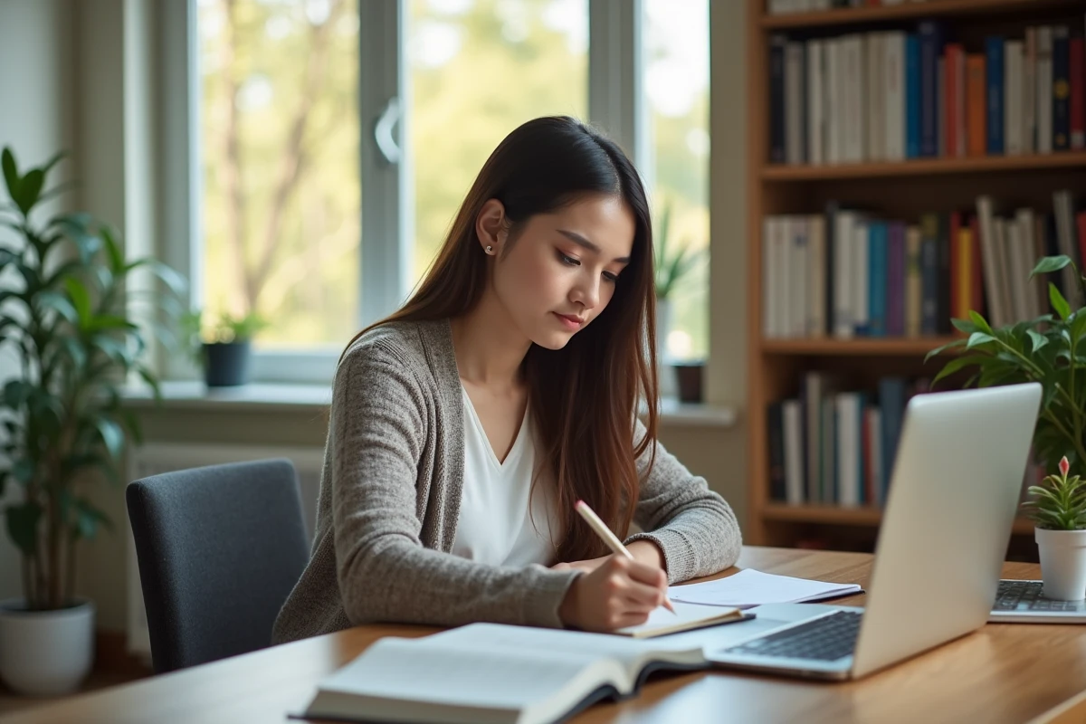 Jeune femme prenant des notes dans un bureau lumineux