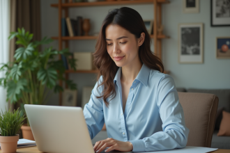 Femme travaillant sur son ordinateur dans un bureau à domicile