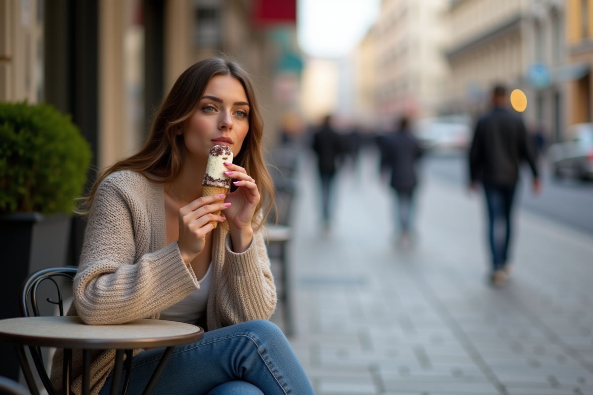 Femme assise au café dégustant une glace en ville