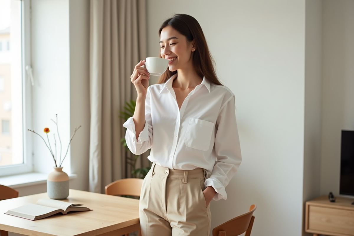 Jeune femme souriante buvant un café dans un appartement minimaliste