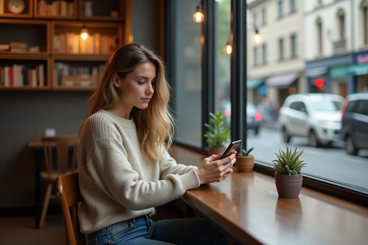 Femme assise au café regardant son téléphone avec 11h11