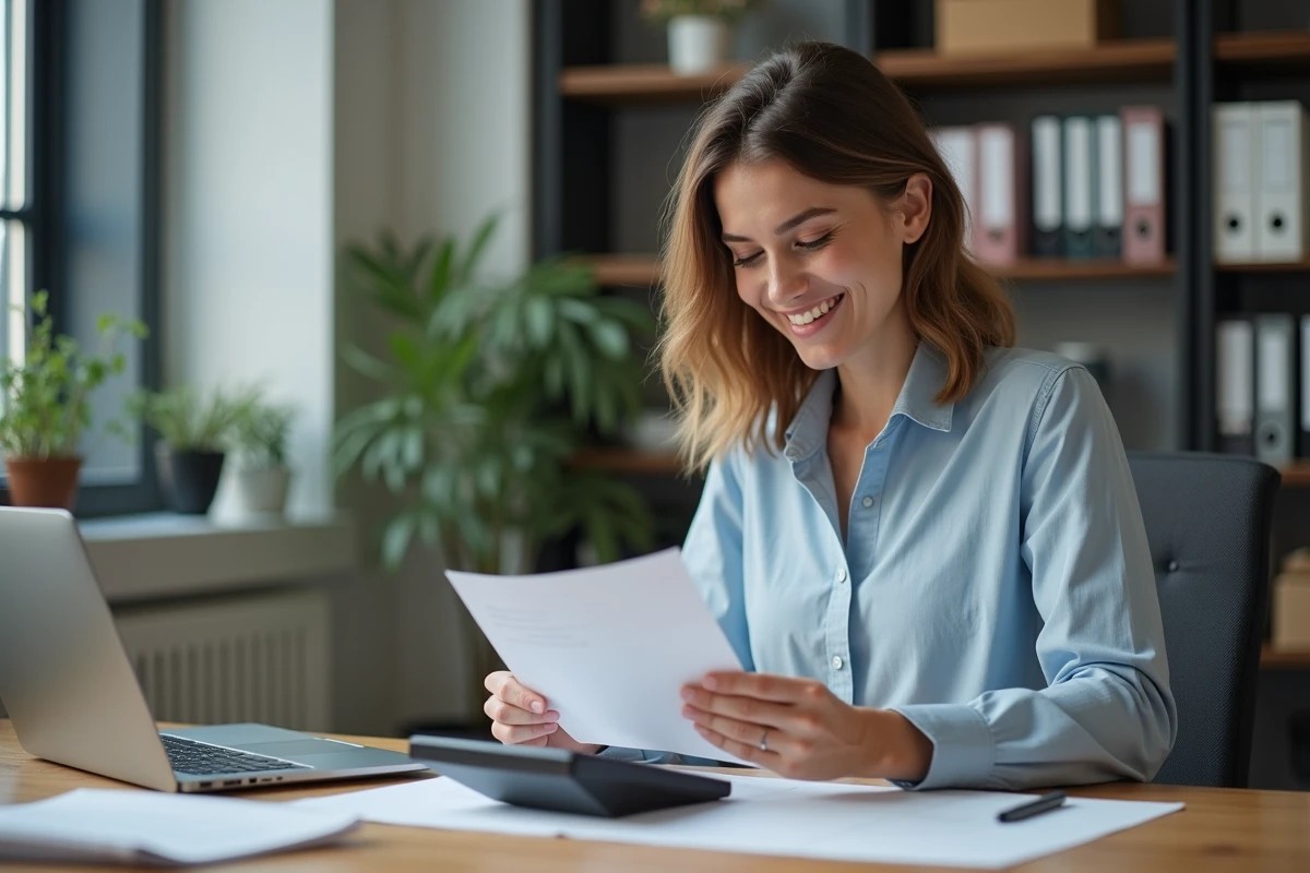 Femme en bureau calculant la paie sur papier