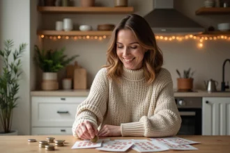 Femme souriante avec calendriers de l'avent dans une cuisine chaleureuse