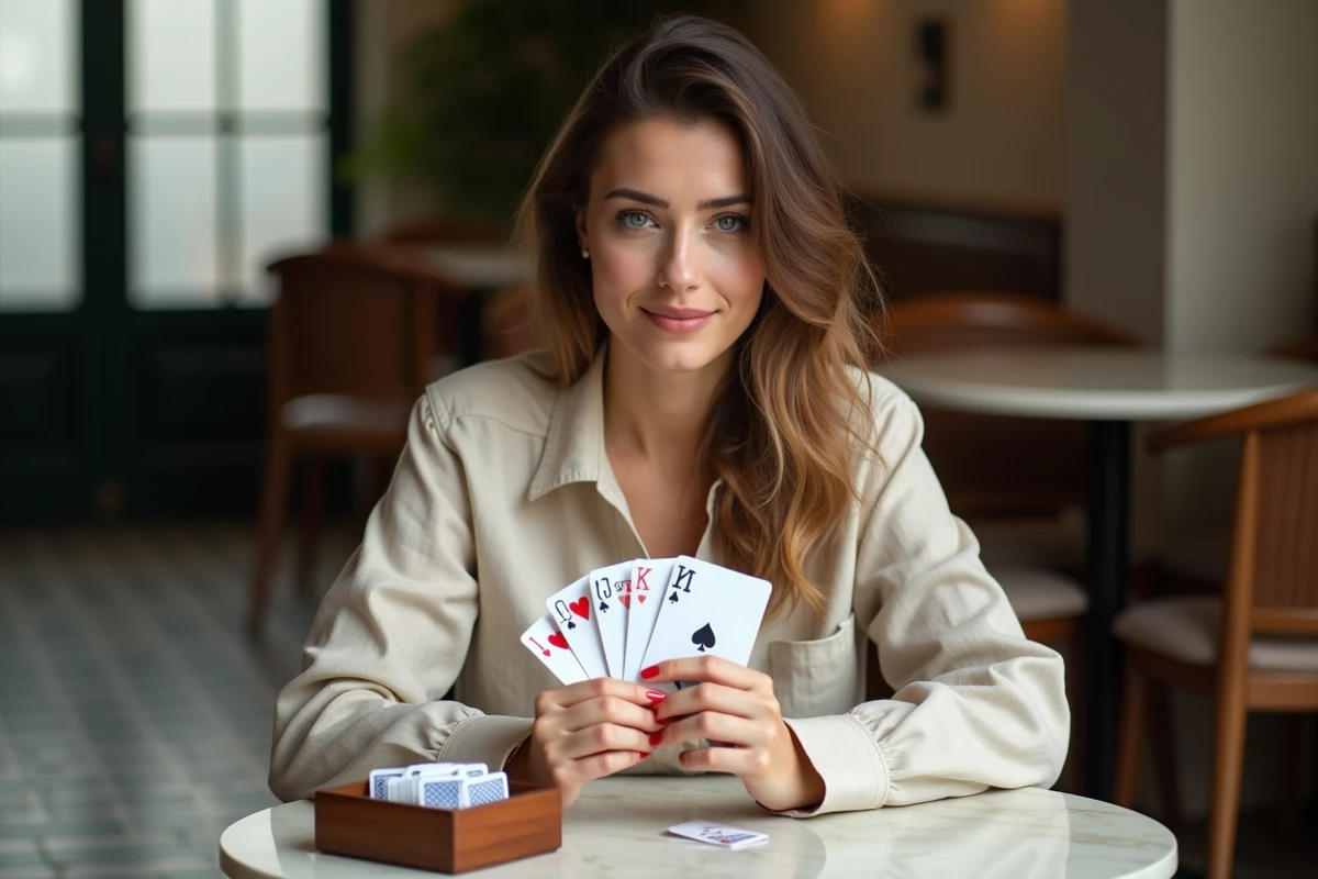Femme adulte tenant ses cartes lors d'une partie de jeu du Palmier dans un café