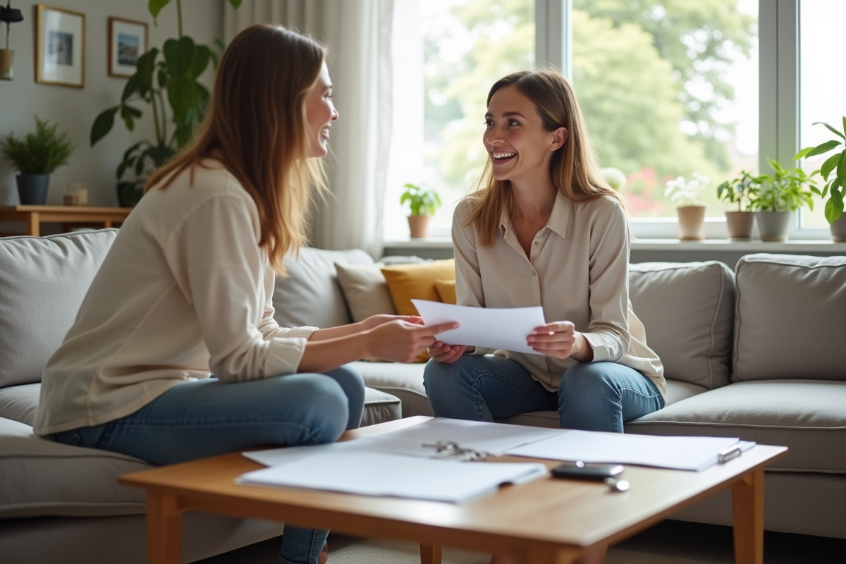 Femme souriante discutant avec agent immobilier dans un salon lumineux
