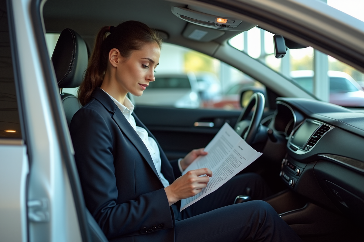Jeune femme examinant un papier dans une voiture en showroom