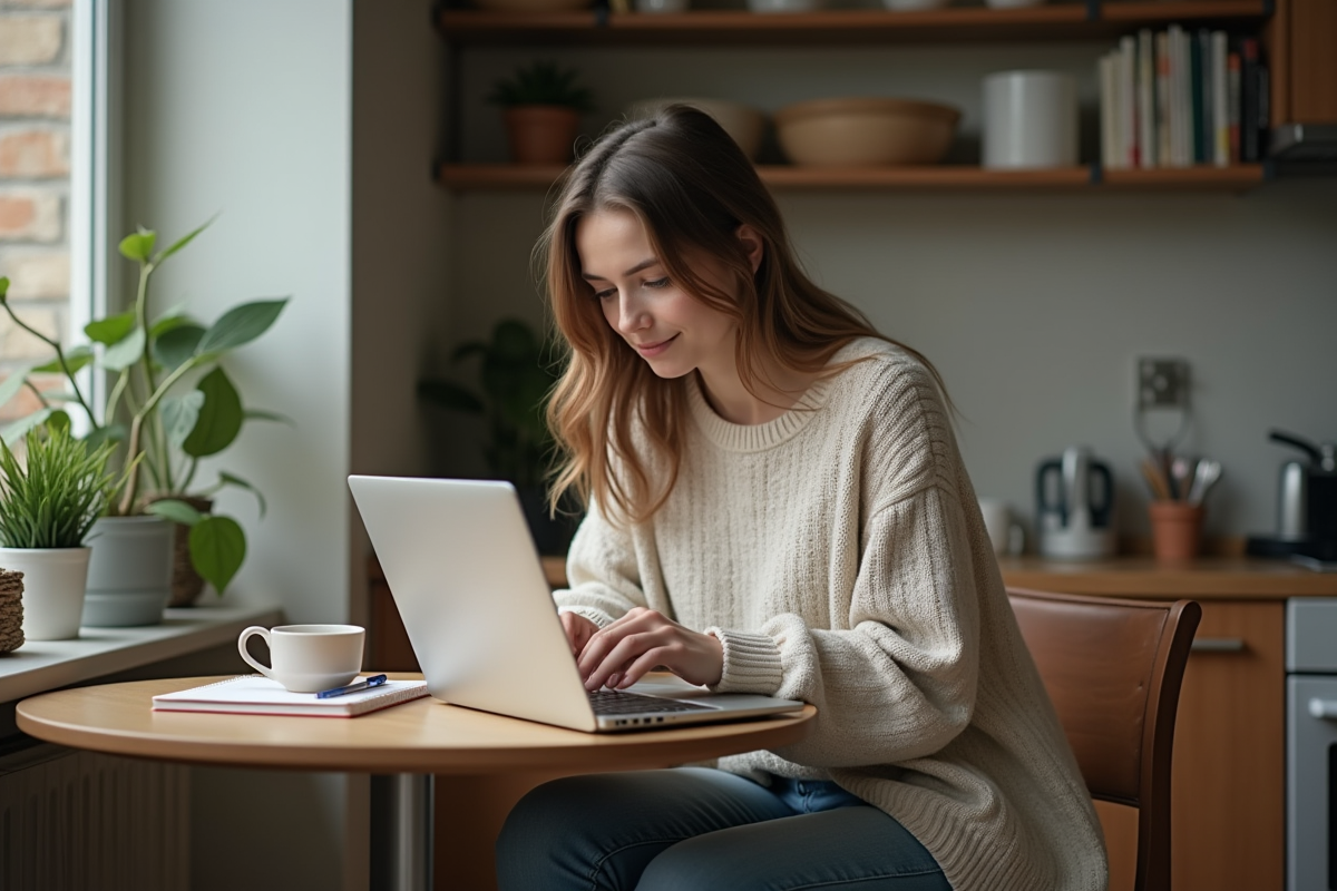 Femme assise à une table de cuisine avec ordinateur et café