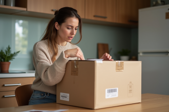Femme déballant un colis dans sa cuisine chaleureuse