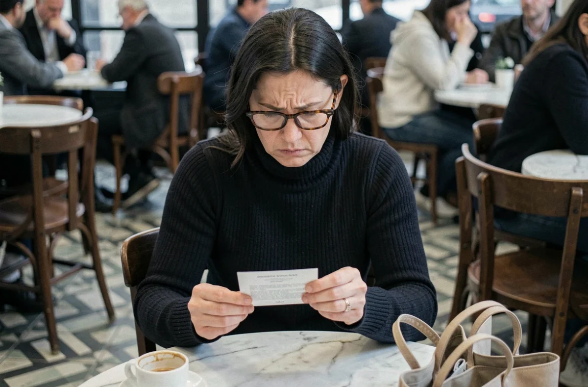 Femme adulte concentrée lisant une carte devinette dans un café parisien avec un espresso