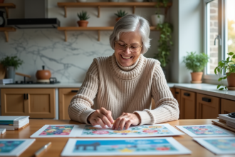 Femme souriante examine des kits de diamant peinture dans une cuisine moderne