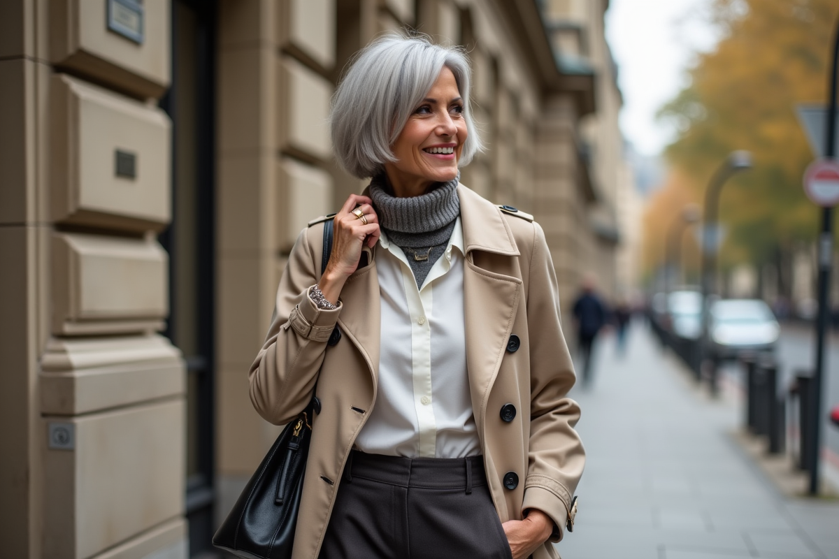Femme élégante en trench beige à Paris