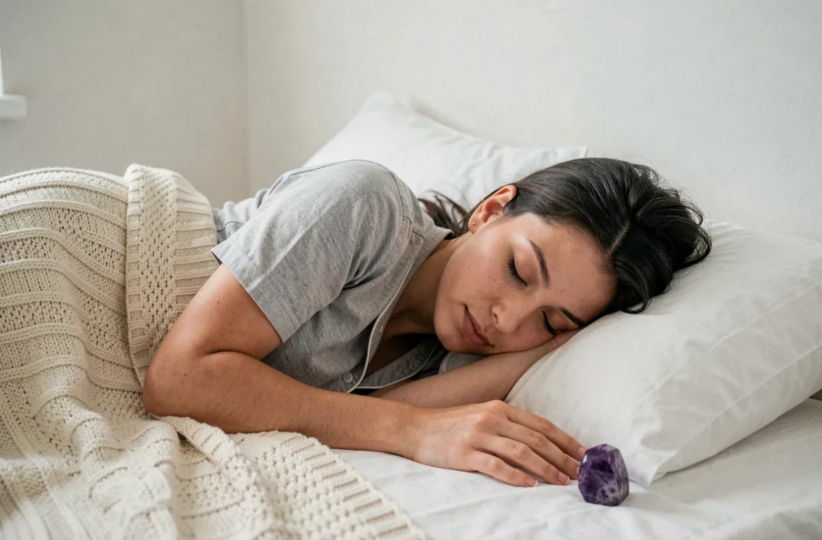 Jeune femme endormie paisiblement dans son lit avec une pierre d'améthyste posée sur l'oreiller, dans une chambre minimaliste aux tons doux