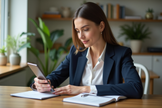 Jeune femme d'affaires utilisant une application financière à la maison