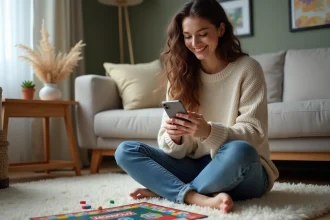 Femme souriante jouant à Monopoly chez elle