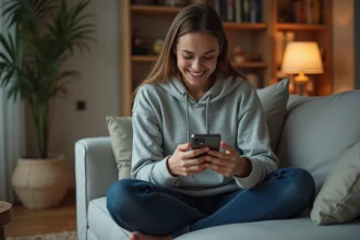 Jeune femme jouant à Monopoly GO sur smartphone dans un salon confortable, illustrant les dés gratuits disponibles sur desgratuits.com