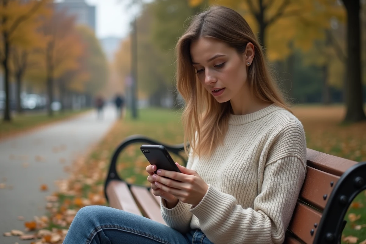 Jeune femme regardant ses résultats de Keno sur smartphone dans un parc