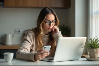 Jeune femme concentrée sur son ordinateur dans la cuisine