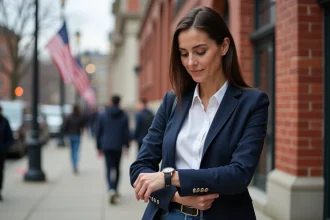 Femme consultant sa montre dans une rue de Washington D.C. pour vérifier l'heure locale