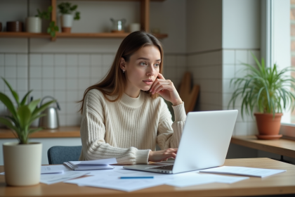Jeune femme examine des documents financiers à la maison