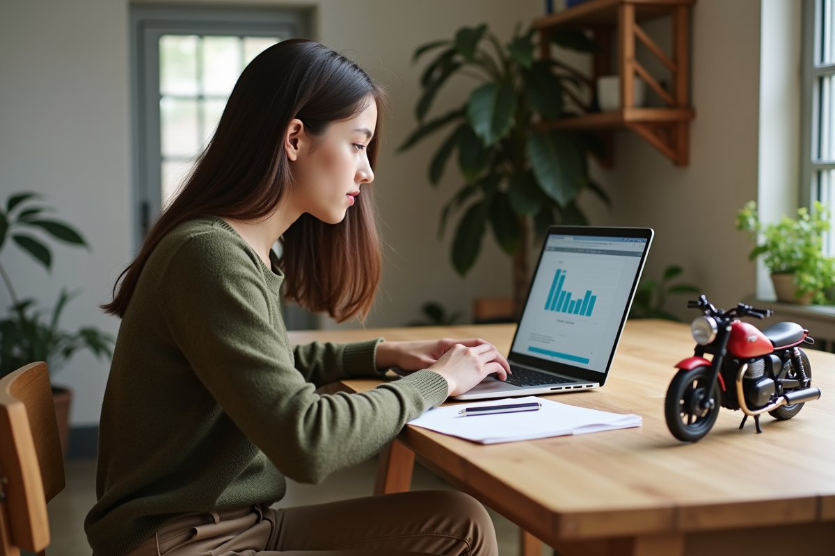 Jeune femme analysant un graphique avec moto miniature