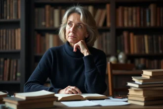 Femme pensive entourée de livres dans une bibliothèque évoquant le concept abstrait de l'inconnu Zosvepnoraz