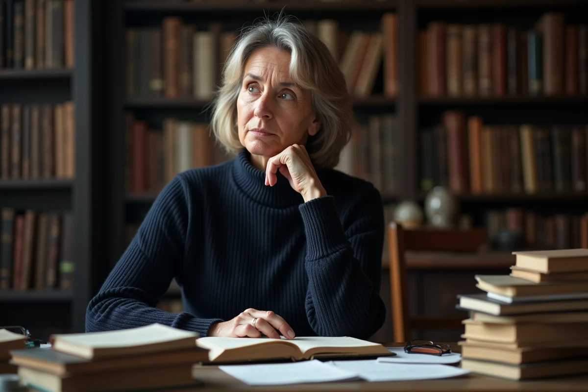 Femme pensive entourée de livres dans une bibliothèque évoquant le concept abstrait de l'inconnu Zosvepnoraz