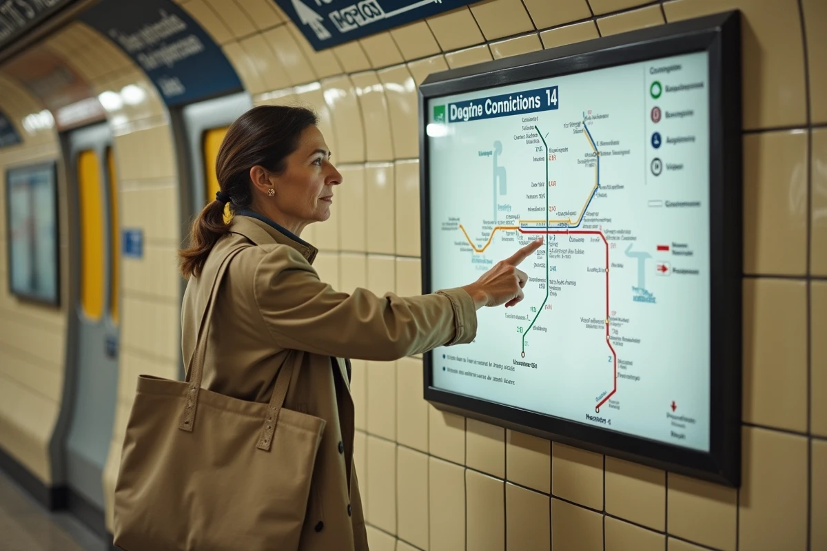 Femme consultant le plan de la ligne 14 du métro de Paris devant un affichage de correspondances en station