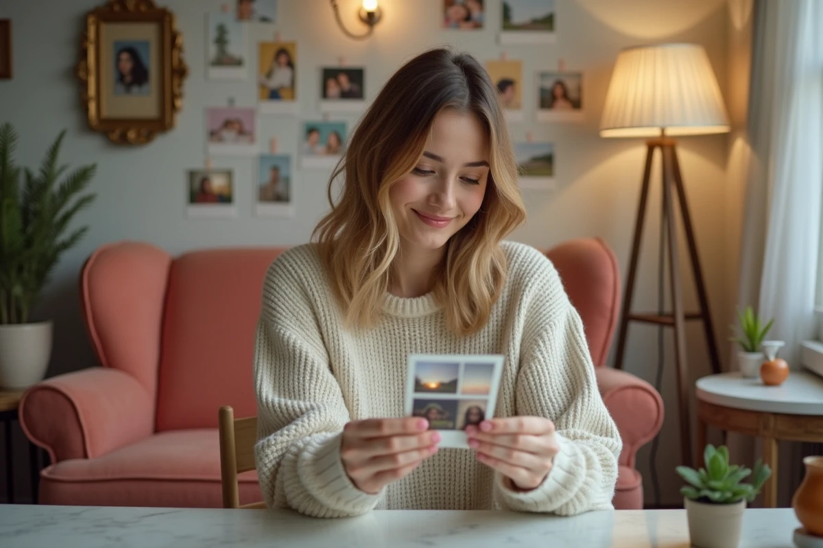 Femme regardant sa photo 4cut dans un studio cosy