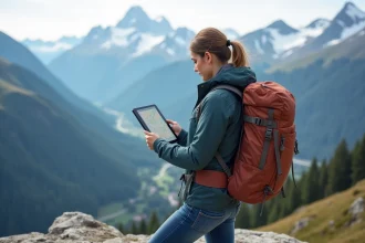 Jeune femme en randonnée regardant une carte digitale en montagne