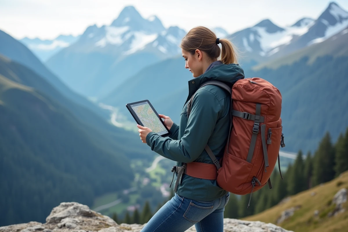 Jeune femme en randonnée regardant une carte digitale en montagne