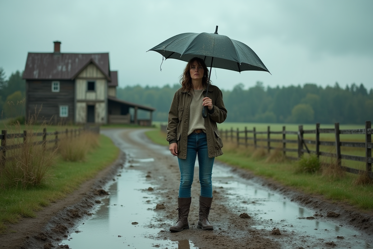 Femme rurale debout sur une route boueuse avec parapluie cassé