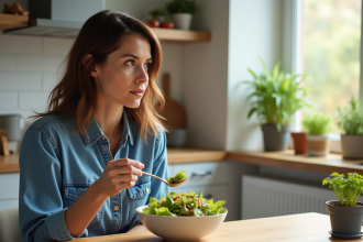Femme dégustant une salade dans une cuisine lumineuse