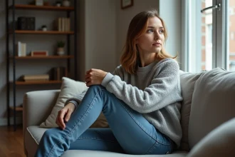 Femme assise sur un canapé dans un salon moderne