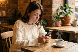 Femme seule dans un café regardant son téléphone affichant 21h12 avec une expression pensive et pleine d'espoir