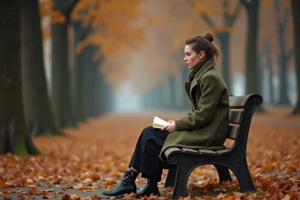 Femme seule assise sur un banc dans un parc en automne, regard perdu dans le vague, exprimant la solitude et la tristesse