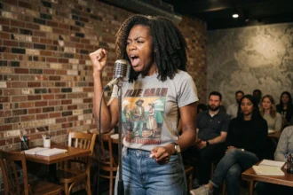 Jeune femme noire performant un slam engagé au microphone dans un café underground, poing levé, expression passionnée