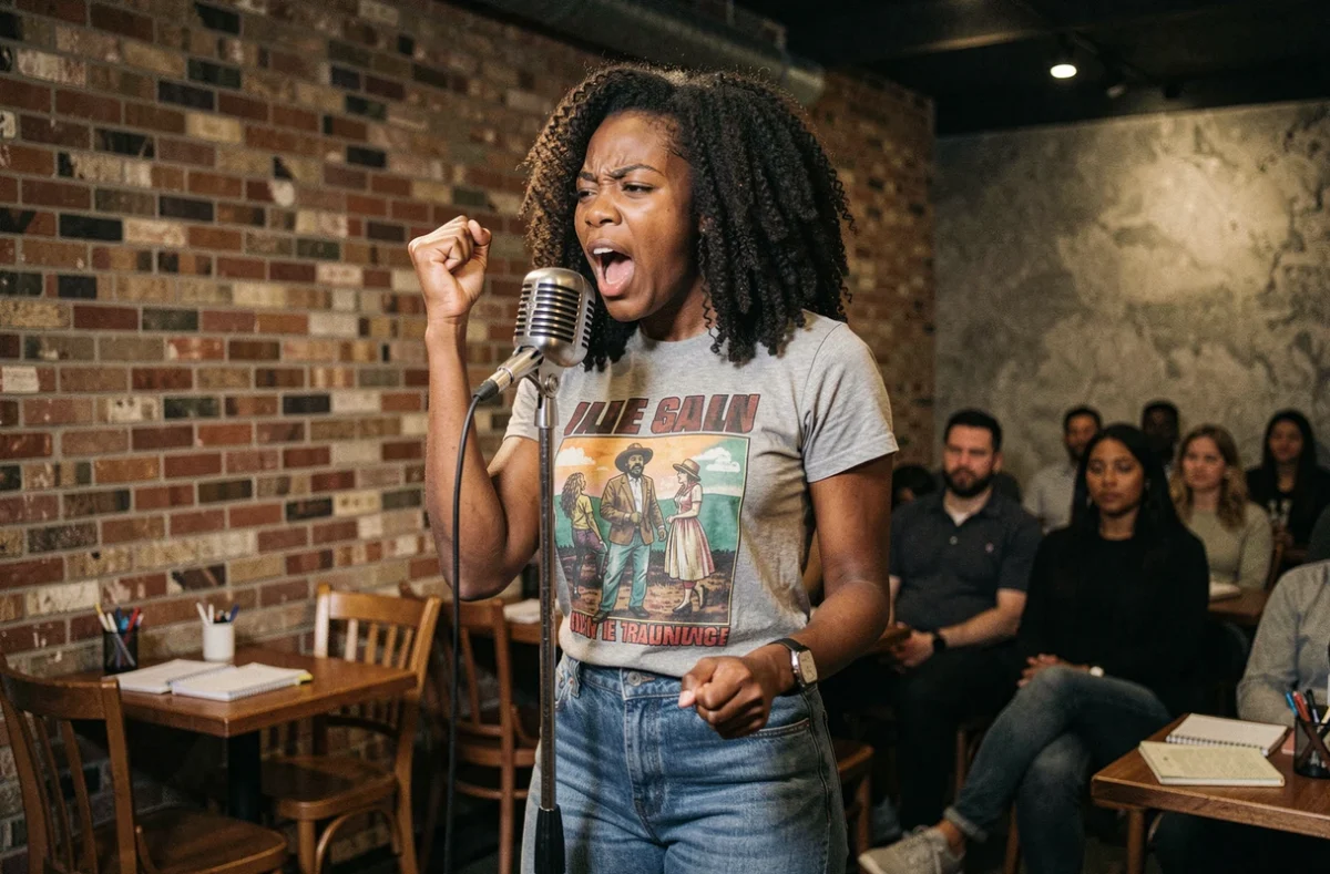 Jeune femme noire performant un slam engagé au microphone dans un café underground, poing levé, expression passionnée