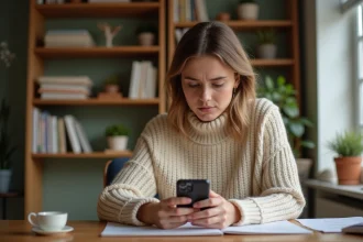 Femme concentrée cherchant un mot sur son smartphone pour le jeu 4 images 1 mot