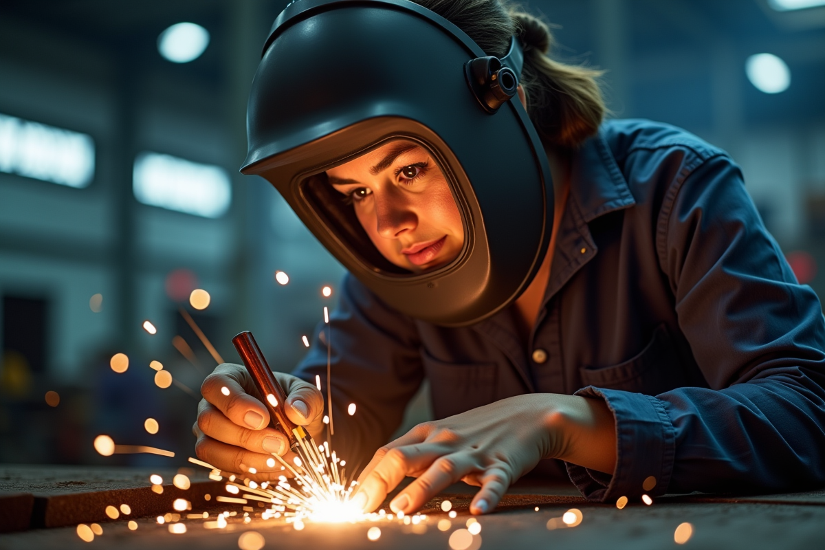 Femme soudeuse concentrée avec étincelles de soudure