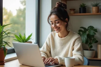 Femme souriante tapant un message de nouvelle année écologique