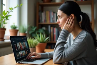 Femme naviguant sur un site de streaming de films en 2026 depuis son bureau à domicile
