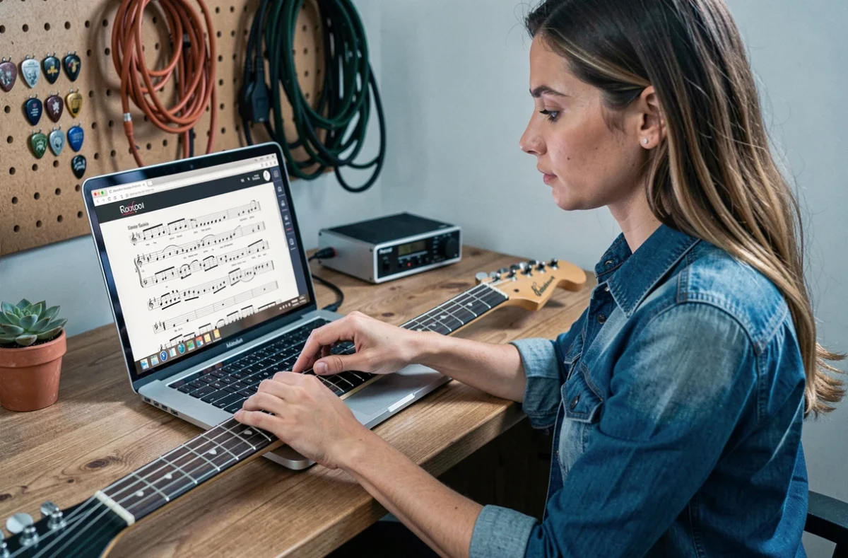 Femme apprenant une tablature de guitare électrique en ligne sur un ordinateur portable dans un home studio