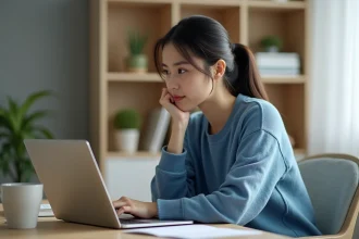 Jeune femme concentrée travaillant à son bureau à domicile