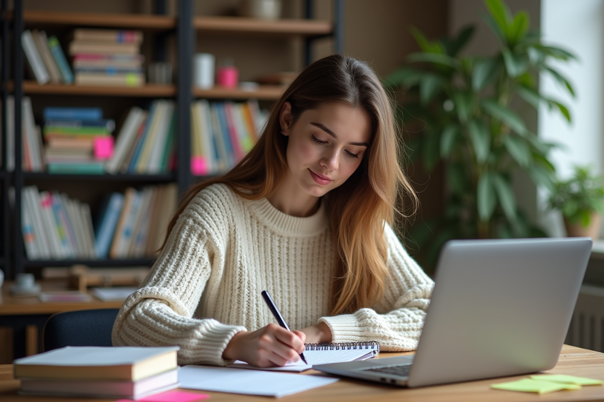 Jeune femme concentrée travaillant à son bureau à domicile
