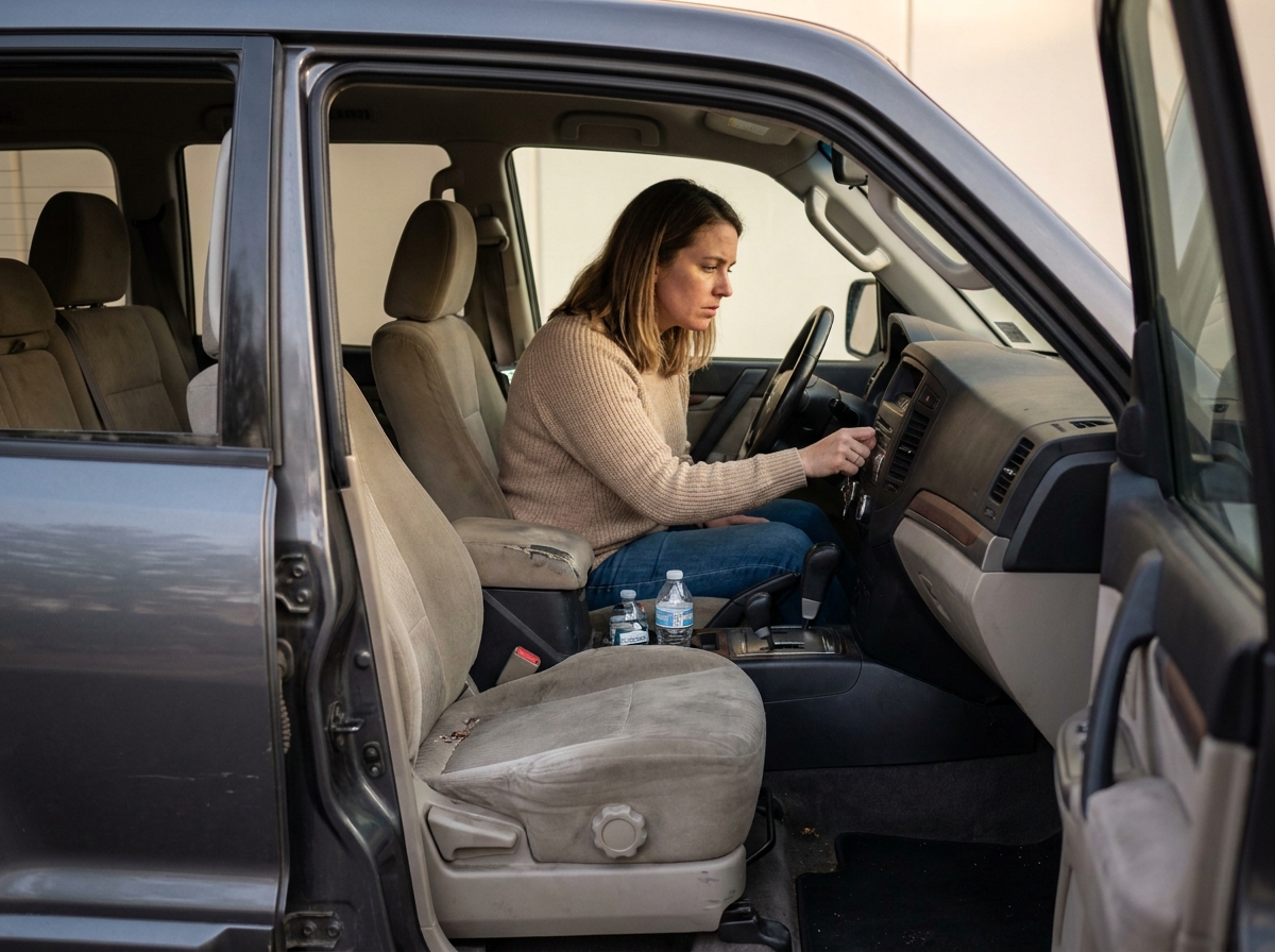 Femme vérifiant le tableau de bord et le kilométrage d'un SUV 7 places d'occasion avant l'achat